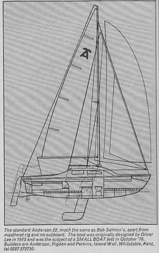 A standard Anderson 22, with its masthead rig and sail plan visible. The diagram shows the boat's keel and rudder configuration, which is the same model Bob Salmon used in the race. It was originally designed by Oliver Lee in 1973