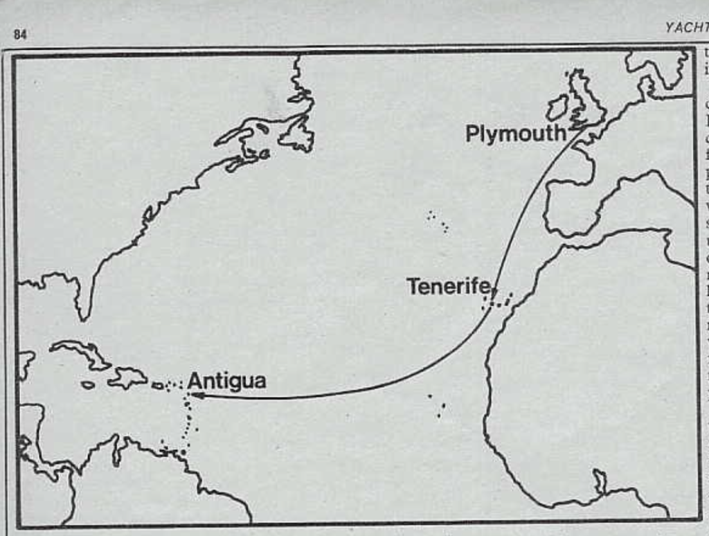 A map showing the route of the 1977 Mini-Transat race. The map traces a path from Plymouth, England, to Tenerife, and then across the Atlantic Ocean to Antigua